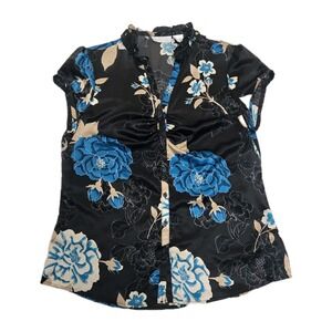 Worthington Asian Style Button Up Blouse Womens‎ M Black Blue Floral Retro Chic